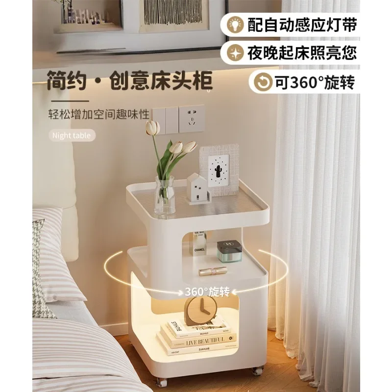 

Small bedside table, simple modern home bedroom, bedside shelf with lamp, movable