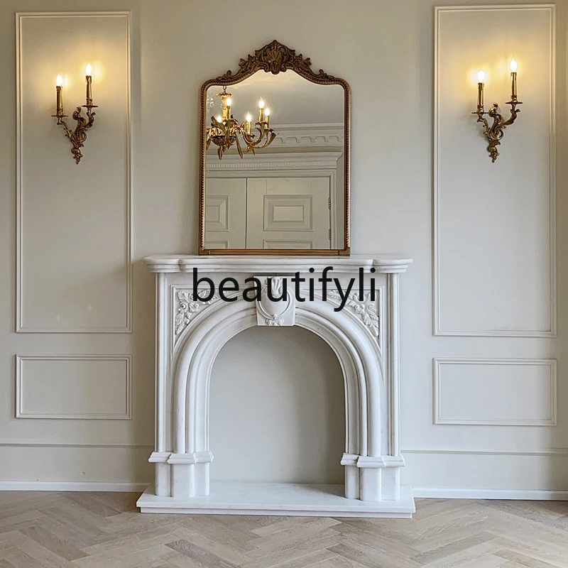 

French-style Marble Living Room Arch Carved Decoration American European Style White Marble Stone Fireplace