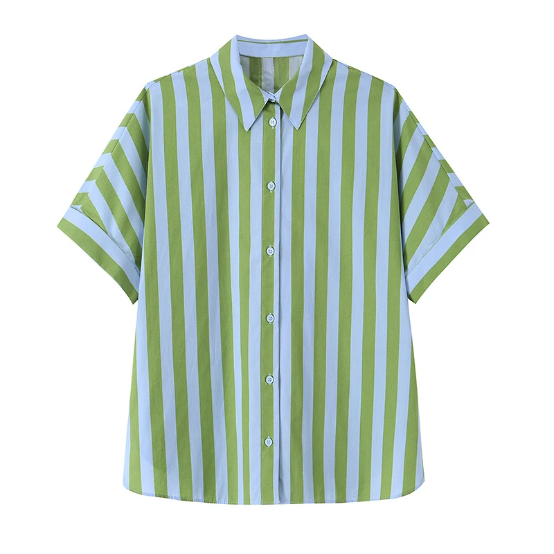 

ZOCI Women Fashion Green Striped Single Breasted Blouse Vintage Lapel Neck Short Sleeves Female Chic Lady Shirts