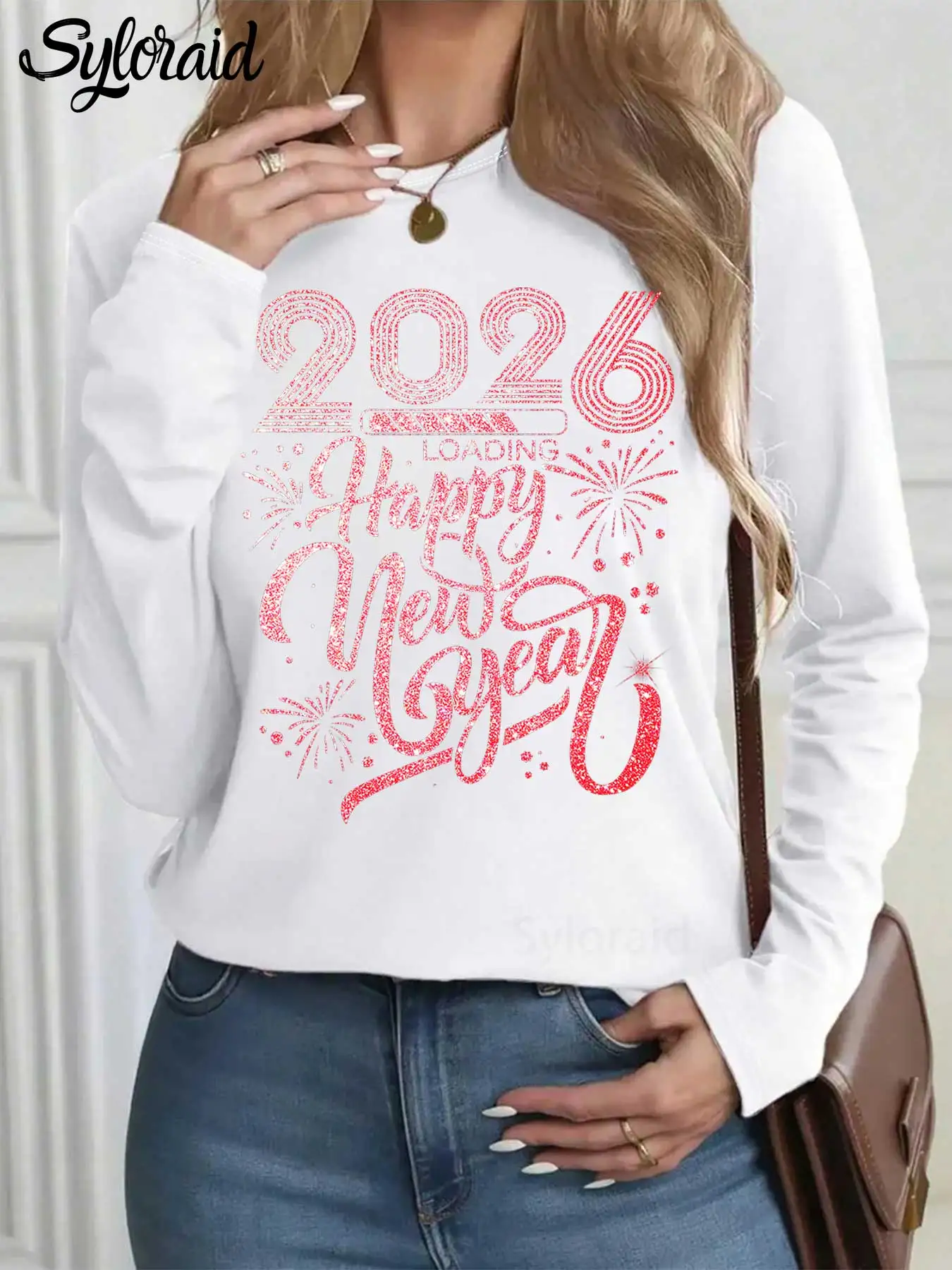 

Women's Long Sleeve T Shirt Pink "Happy New Year 2026" Fireworks Print T Shirt Fashion Round Neck Casual Top