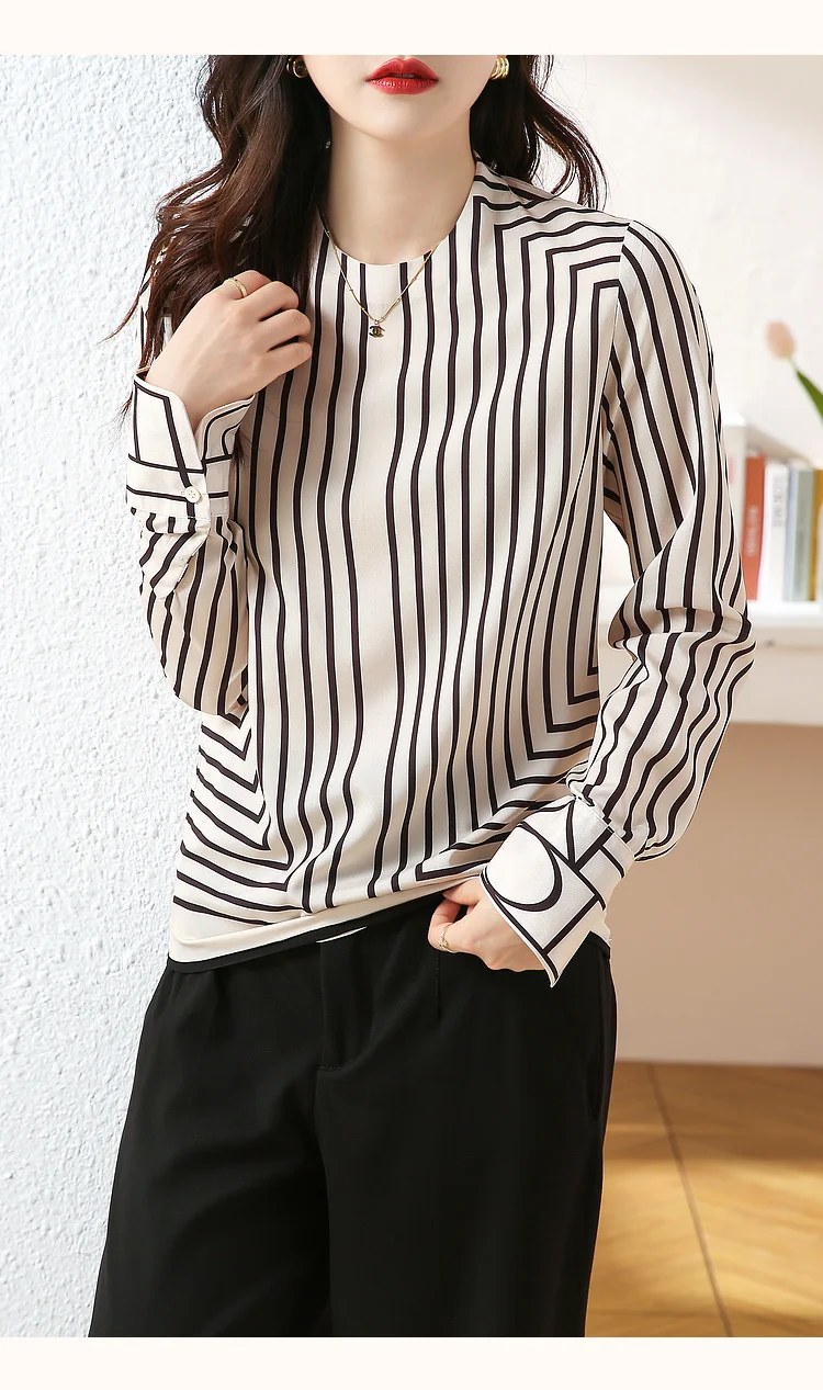 FANIECES Stripe Print Satin Women Blouse Pullover Tops Casual Streetwear Autumn Long Sleeve O Neck Female Shirt camisas y blusas