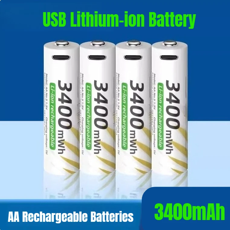 

AA Rechargeable Batteries USB Lithium-ion 3400mWh 1.5V AA Rechargeable Battery+ Type-C Cable