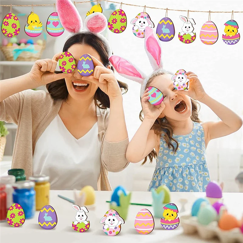 SR-24PCS イースターデー木製オーナメント 吊り下げ飾り ホームオフィスパーティー教室装飾用 バニーフラワー風 ランヤード付き