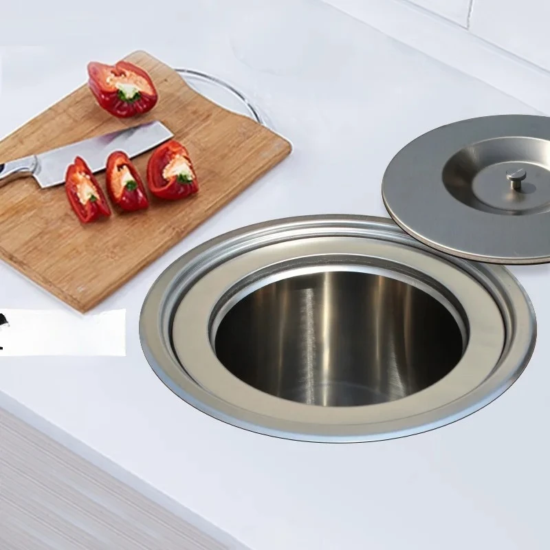 8L Stainless Steel Countertop Bench Top Mount Waste Garbage Trash Bin With Lid Built-in Flush Brush Matte Black Powder Coated