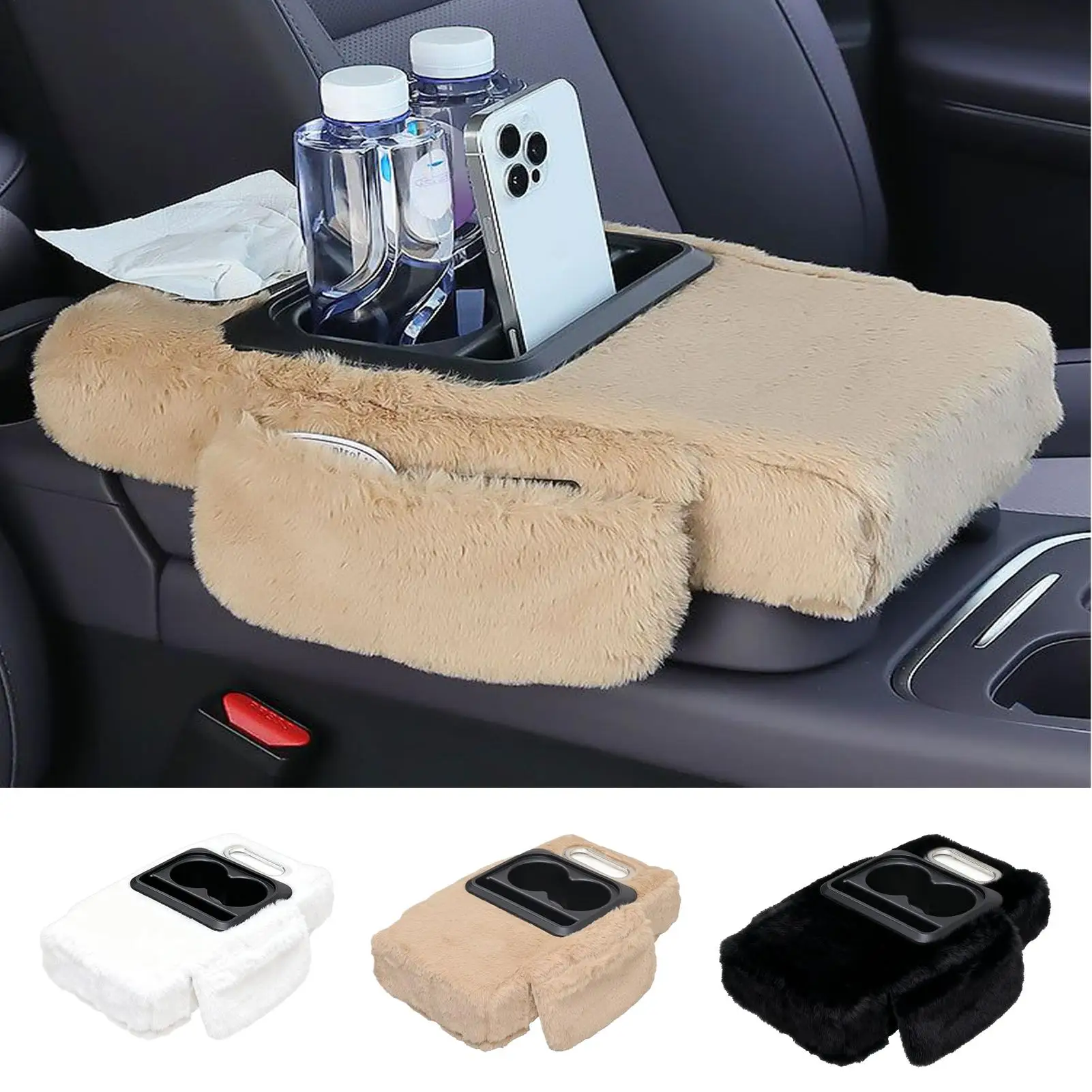 

Многофункциональный автомобильный подлокотник, коврик, подстаканник, сумка для хранения мобильного телефона, плюшевый теплый зимний автомобильный ящик для хранения, защита подлокотника