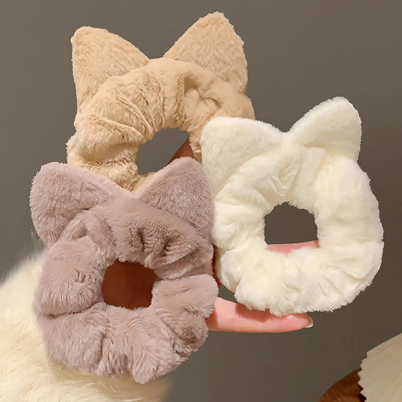2024 Autumn Winter New Cute Kitten Ears Plush Hair Tie Band Large Intestine Head Rope Pompom Hair Ties Accessories Headwear image 5
