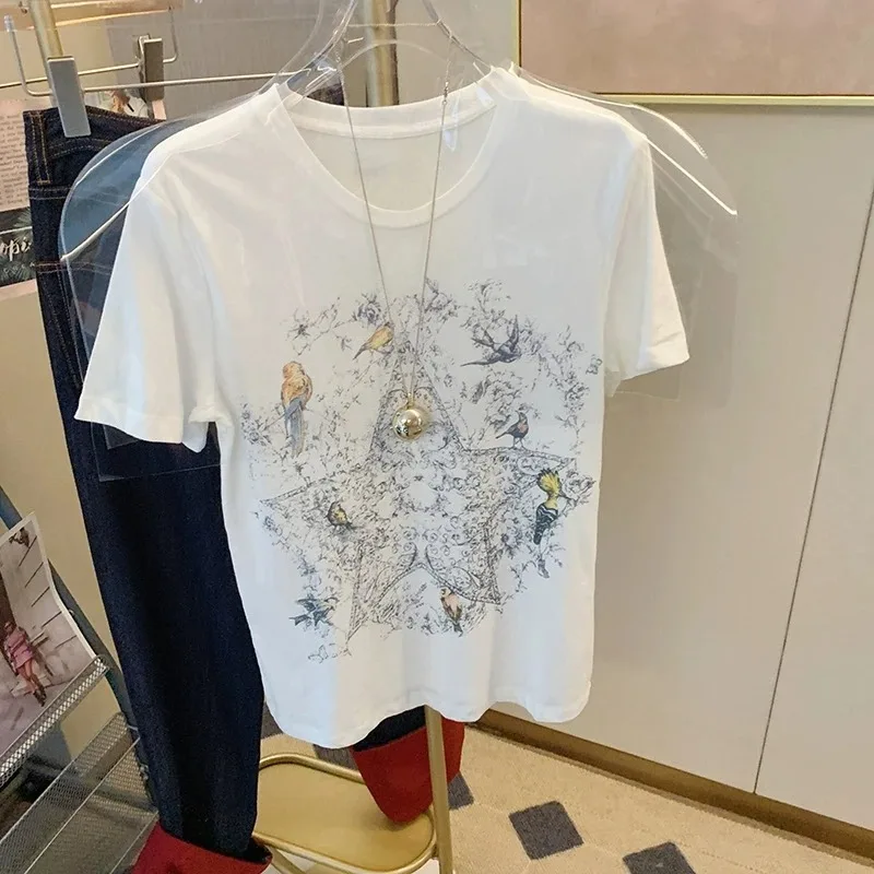 Y2K Luxury Flower Bird Printed T Shirts Women High Quality Cotton White Short Sleeve Summer Tops Korean Fashion All-match Casual