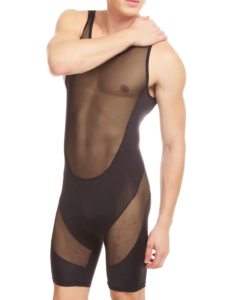 Sex Costumes for Men one piece Sexy Bodybuilding Clothing Transparent Mesh Patchwork See Through Underwear Sleeveless Bodysuits