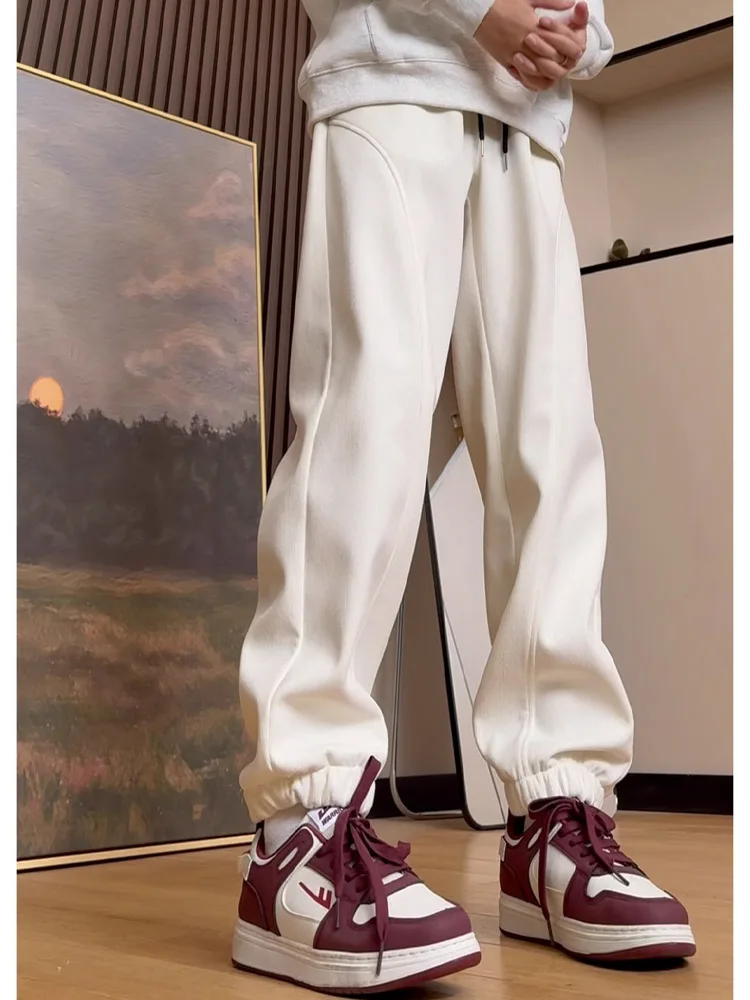 بنطلون رياضي شتوي أمريكي ريترو مبطن بالصوف السميك للرجال والشباب، بنطلون دافئ كاجوال متعدد الاستخدامات بقصة فضفاضة وخصر منخفض