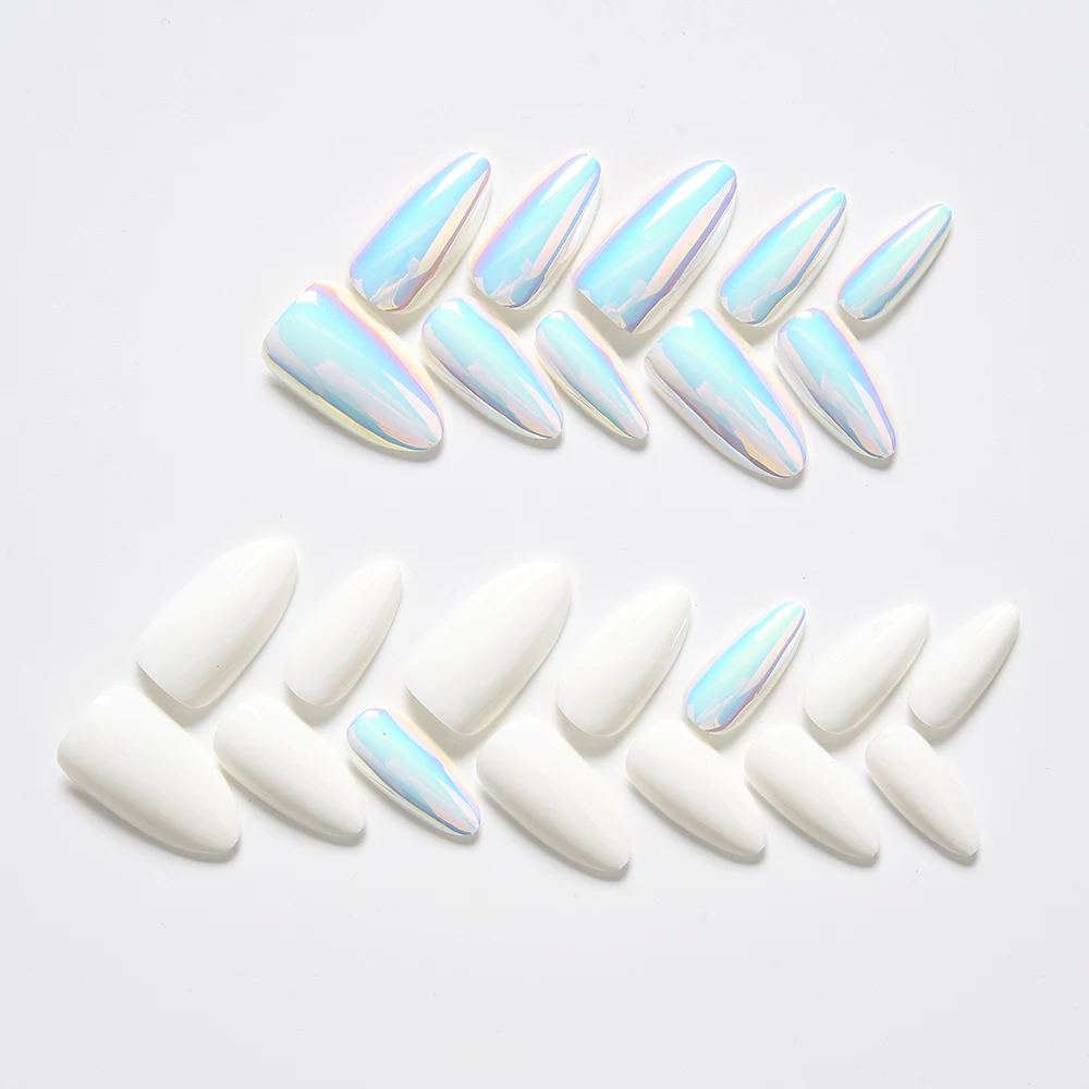 White Coffin Fake Nails Long Ballet Metallic False Nail Tips Solid Color Mirror Press On Nails Art Manicure At Home Salon Tools