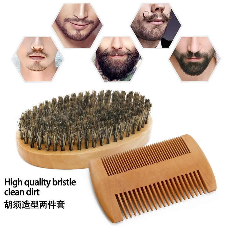 Profissional macio cerdas de javali madeira escova barba cabeleireiro escova de barbear pente masculino bigode pente kit com saco de presente conjunto pente de cabelo