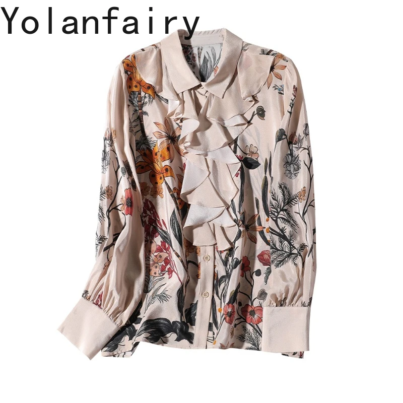 YOLANFAIRY 100% véritable mûrier soie à manches longues chemises femme automne haut à volants léger luxe chemises florales femme hauts à la mode
