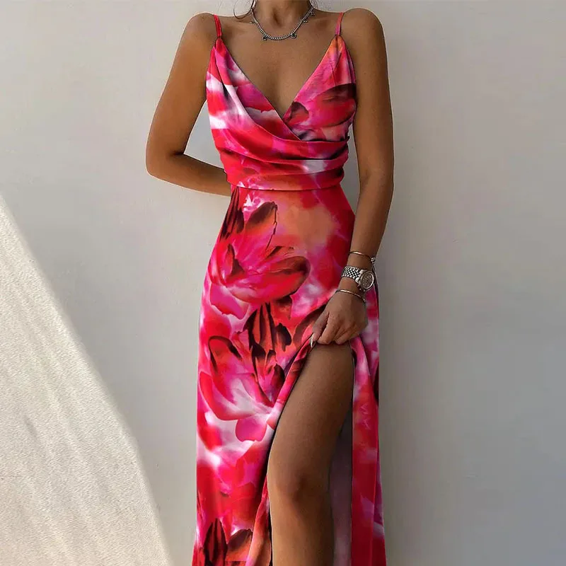 Sexy Deep V Neck Paghetti Strap High Waist Dress For Women Elegant Big Hem High Split Folds Long Dresses 2024 Summer New Lady - Image 4