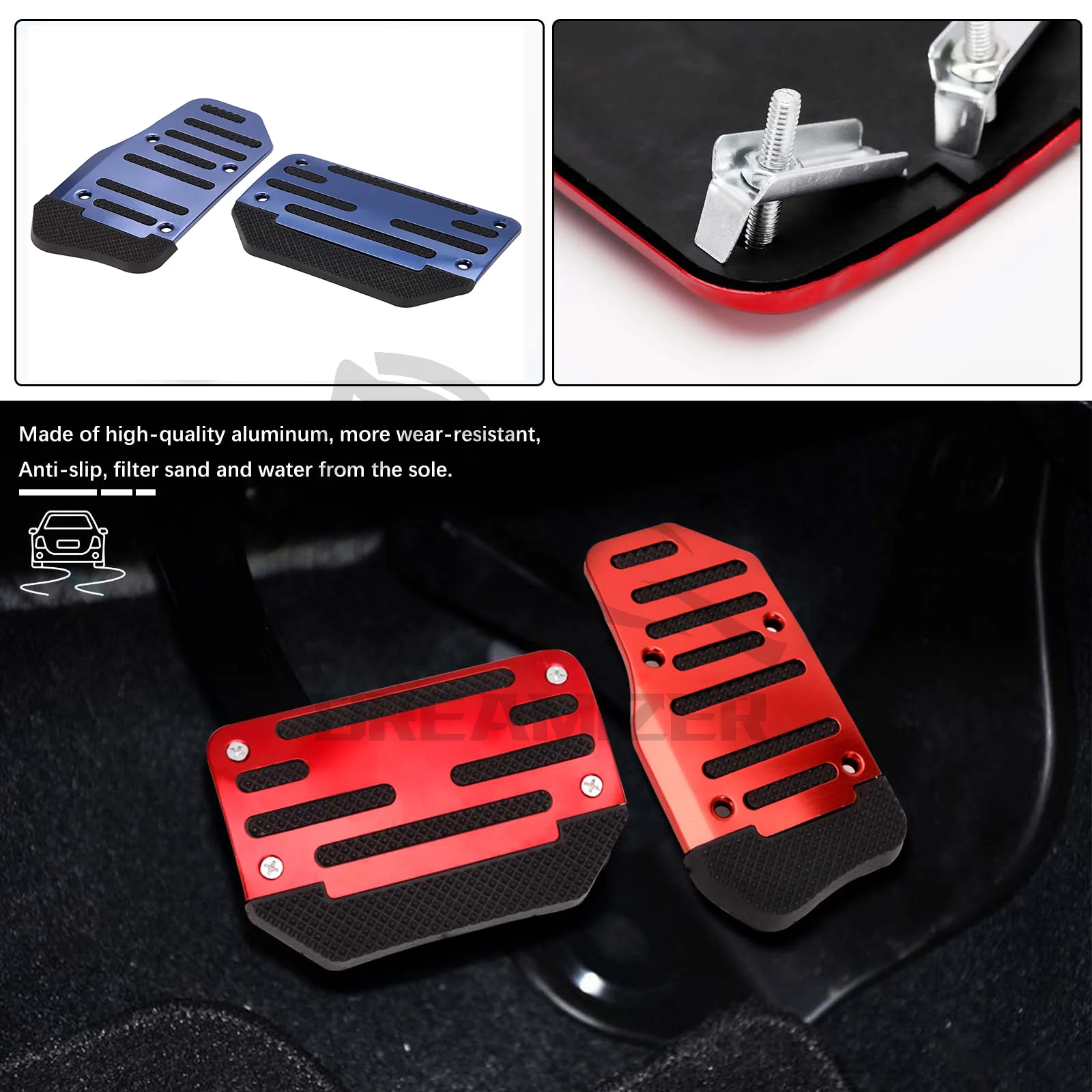 

2x Universal Car Pedals Cover Aluminum Automatic Brake Gas Accelerator Non-Slip Foot Pedal Pad Kit Red Blue Silver Accessories