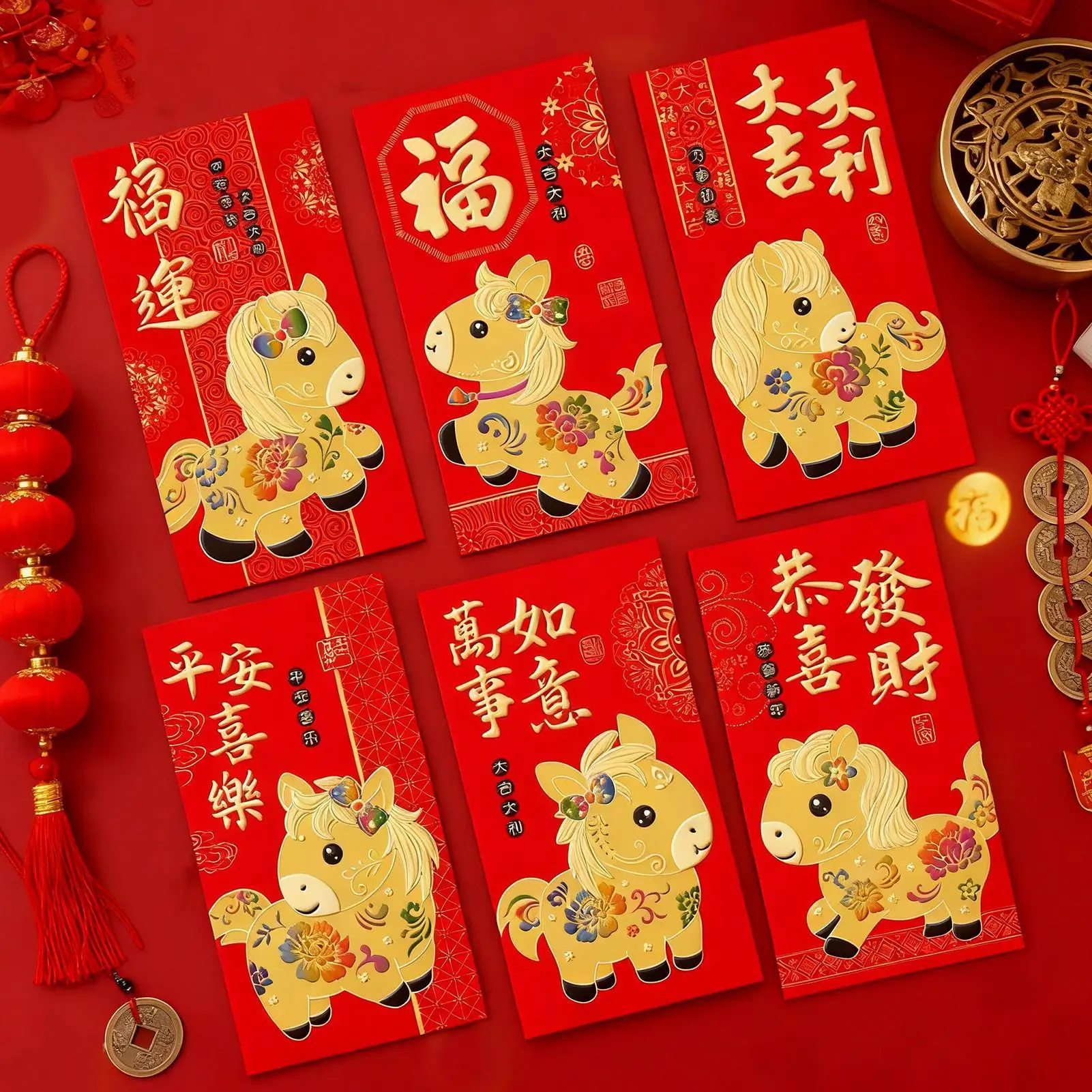 المظاريف الحمراء 6 قطع الكرتون المحمولة ديكورات المنزل المغلفات المال الصينية لصديقة الرجال النساء أطفال بنين بنات الشباب المراهقين #5