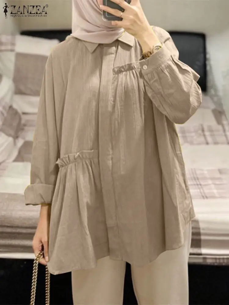 

ZANZEA Woman Fashion Eid Mubarek Muslim Blouse Vintage Ruffles Tops Casual Solid Blusas Mujer Oversized Elegant Turkey Chemise