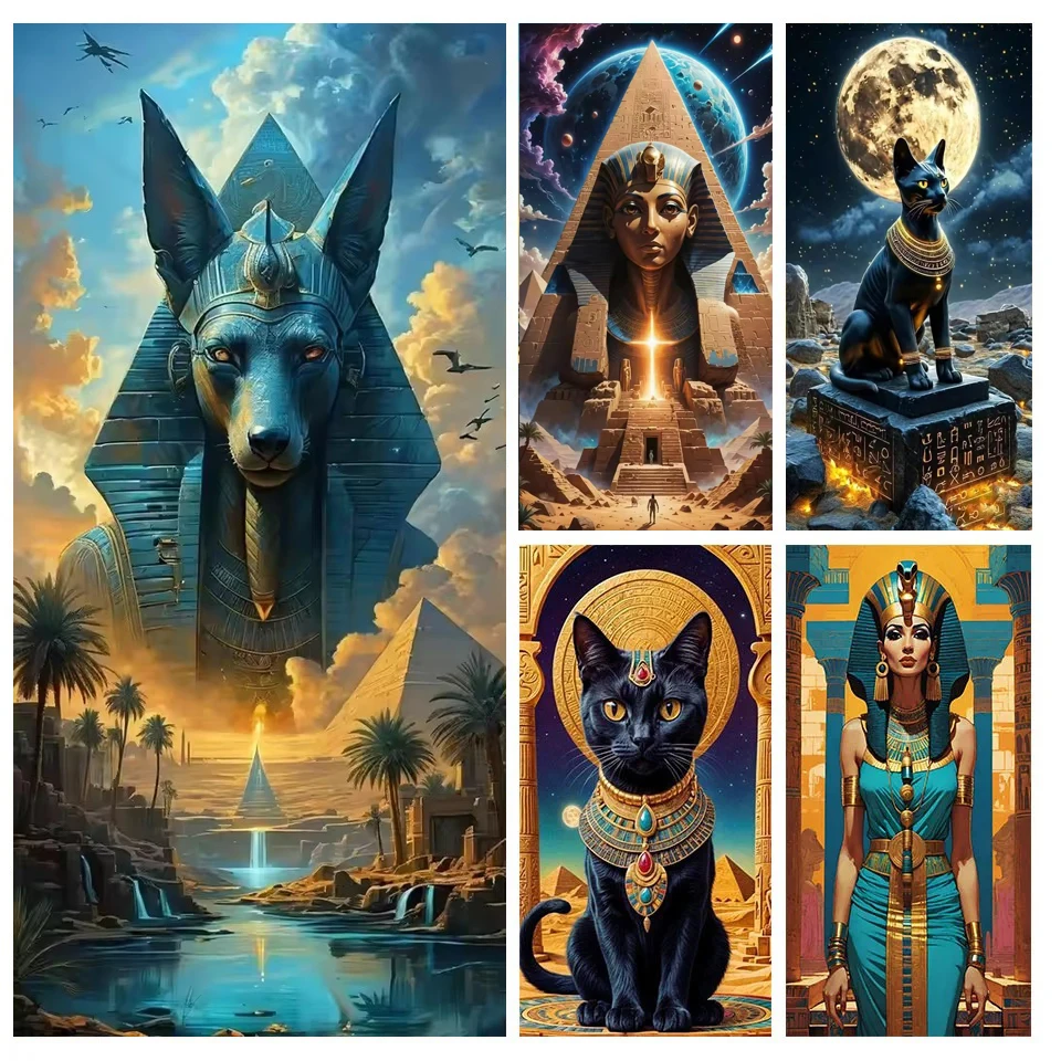 Egyptian Pharaoh Pyramid 5D Diamond Painting Cross Stitch Godness Bastet Cat And Anubis God Full Diamond Mosaic Rhinestones