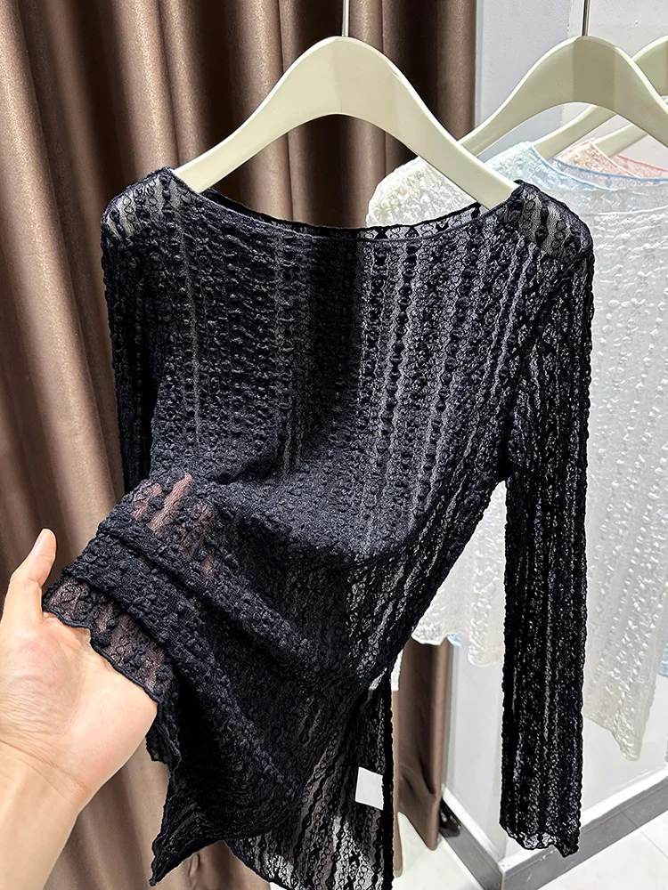 

Pure Desire Sexy Floral Lace Long Sve One oulder Cover up T-irt Women's Autumn Base irt Slit Hollow out Semi-Transpa...