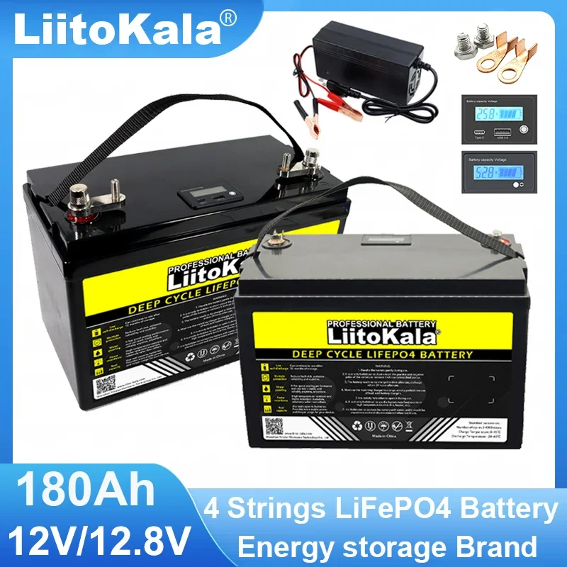 LiitoKala 12V/12.8V 180AH LCD LiFePO4 Battery pack 4 String Lithium Batteries 2000w Inverter for Touring Car Solar 14.6v Charger