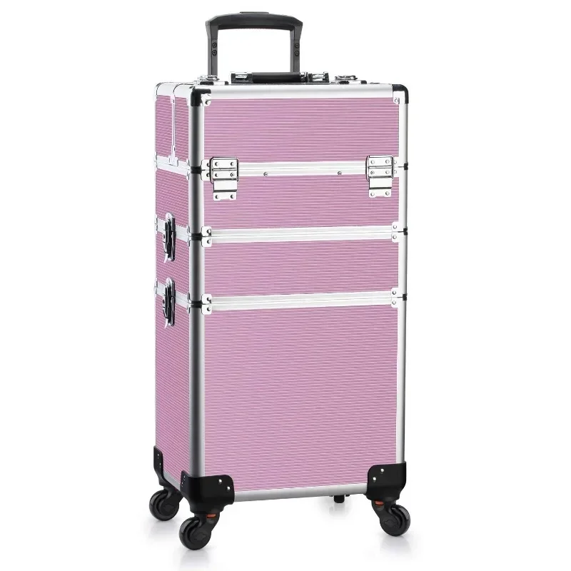 

Makeup Case - 3 In 1 Aluminum Professional Rolling Cosmetic Beauty Storage With Folding Trays and Large Compartments Pink