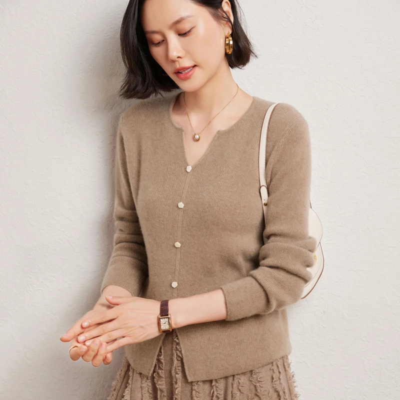 

Эластичный и теплый кардиган, свитер из 100% мериносовой шерсти, осень-зима, женский трикотаж с v-образным вырезом и длинными рукавами, элегантная одежда, топы