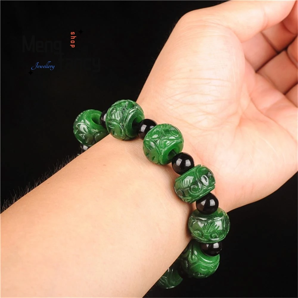 Natural Burma Jadeite Dry Green Carved Bracelet Retro Charms Fashion Emerald Fine Jewelry Amulet Men Women Luxury Holiday Gifts