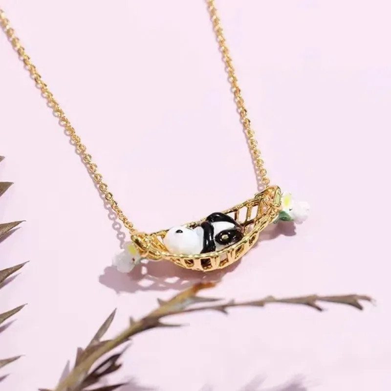 Trendy Popular Fashion Handdraw Enamel Panda Sleep in Hammocks Pendant Necklace, Bamboo Leaf Drip Oil Collarbone Necklace Y2k