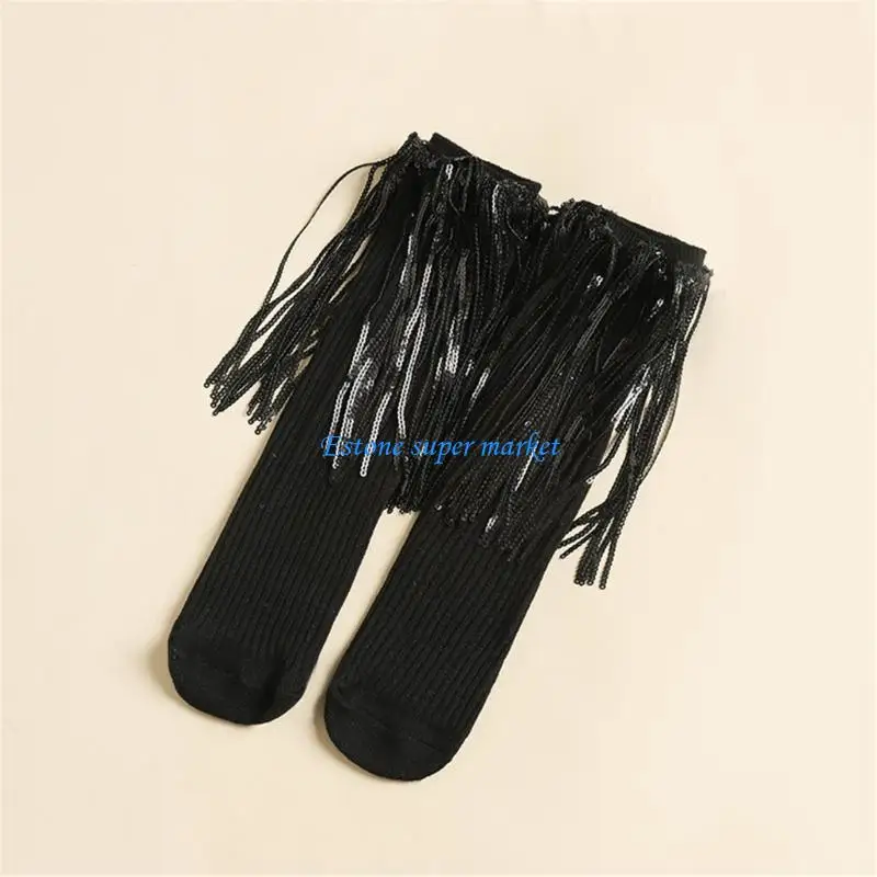 

090B Breathable Cotton Socks Kids Fringed Knee High Socks School Dancing Dress Socks