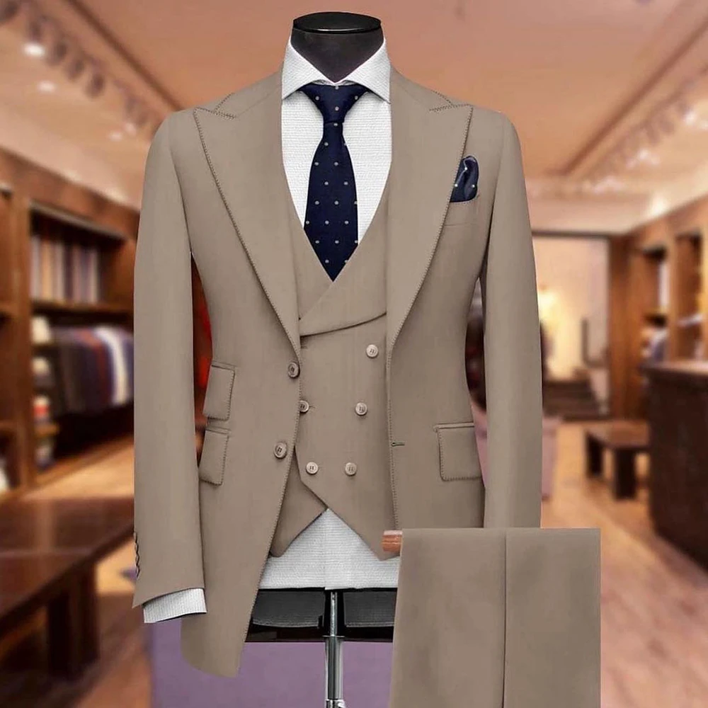 Custom Solid Color Men\'s Suits Elegant 3 Piece Jacket Pants Vest Full Set Single Breasted Peak Lapel Male Clothing Office Blazer