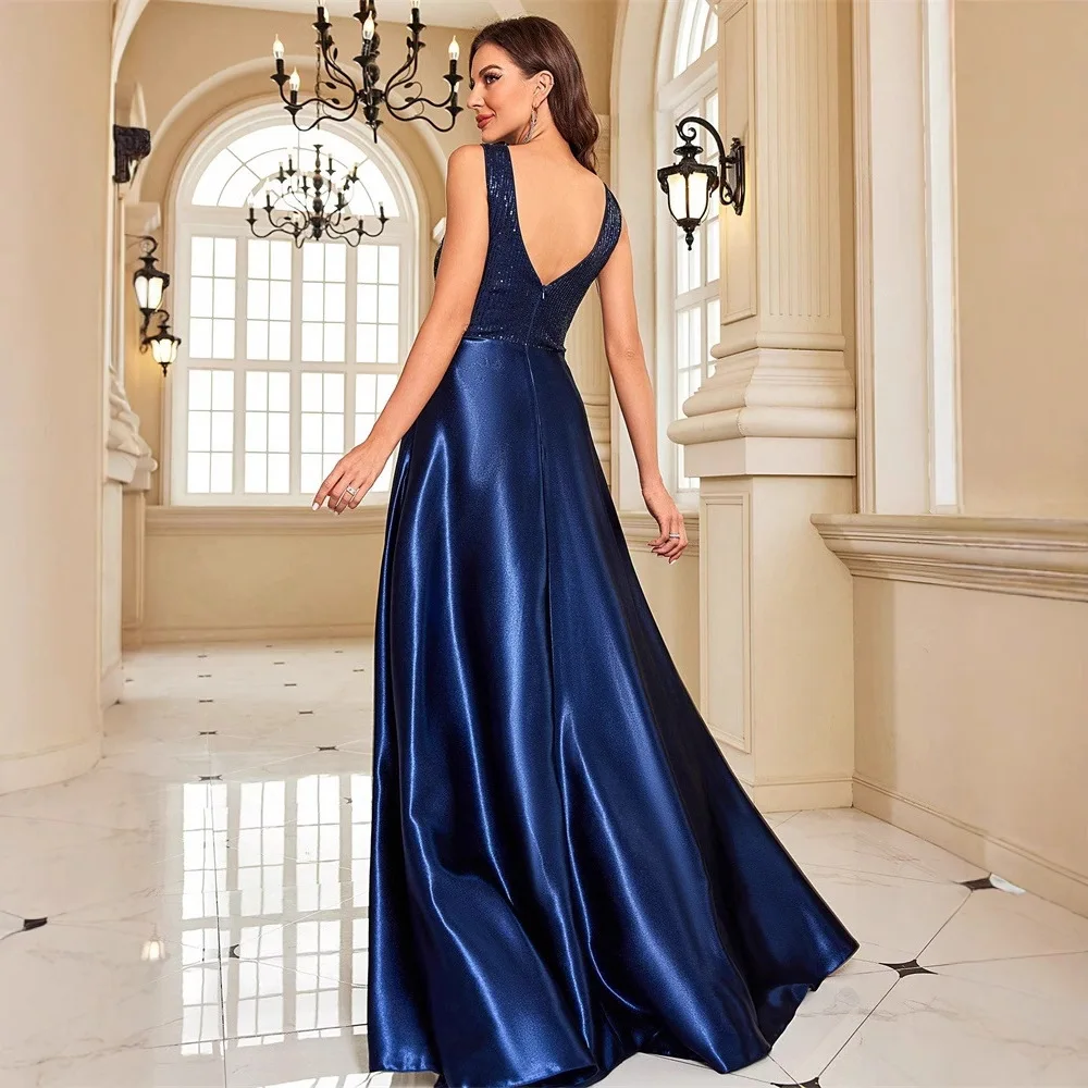Noble Double V-neck Sequined Sleeveless Long Formal Evening Wedding Party Dress