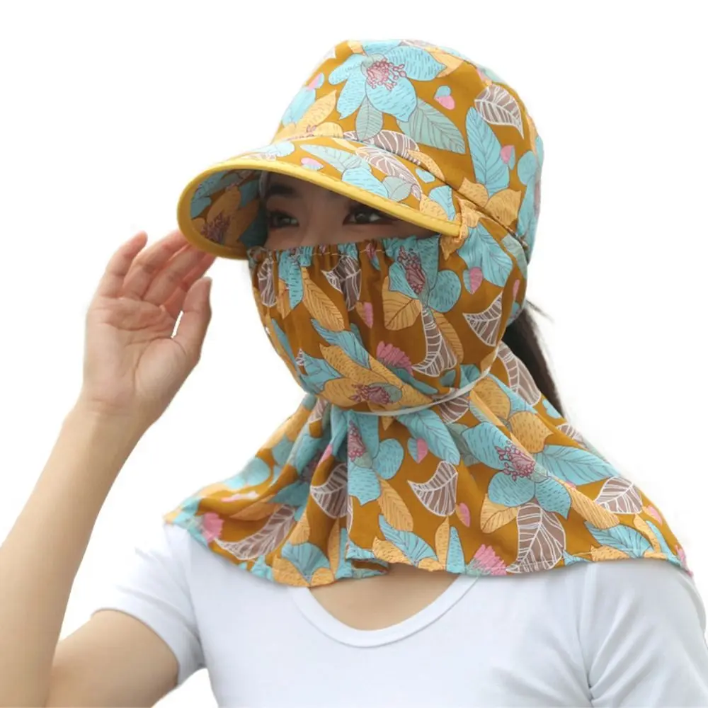 Elegant Floral Women Sun Hat Sun Protection Face Mask Sunscreen Bucket Hat Climbing Cap Farm Work Cap Tea Picking Hat Summer