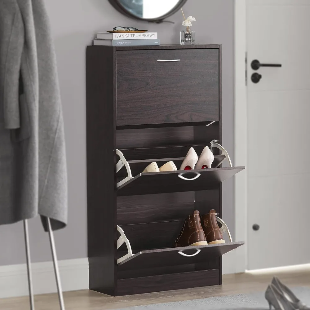 

Brown Shoe Cabinet with 3 Flip Drawers, Freestanding Shoe Rack, Shoe Storage Cupboard Organizer (9.4" D x 23.6" W x 45.3" H)