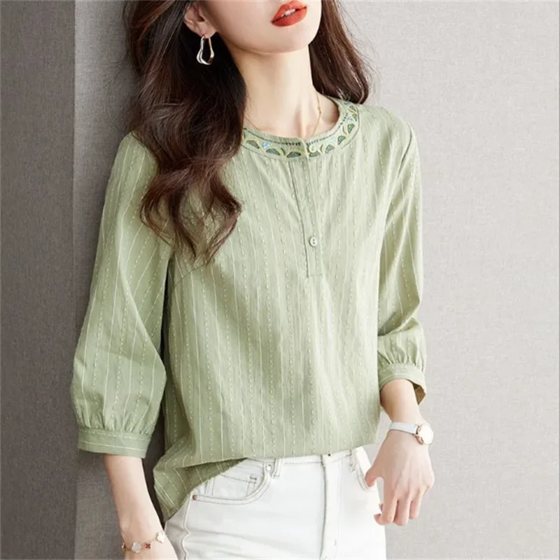 Seven Quarter Sleeve Blouse Women Pullover Summer Top Retro Women's Blous Loose Thin Shirt Embroidery Literary Female Shirt