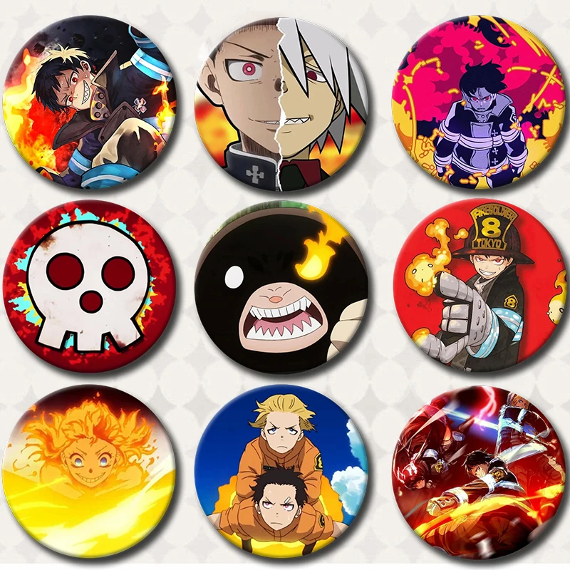 

58mm New Anime Fire Force Pins HD Print Cartoon Badge Handmade Tinplate Brooches Breastpin for Backpack Clothes Gift Accessory