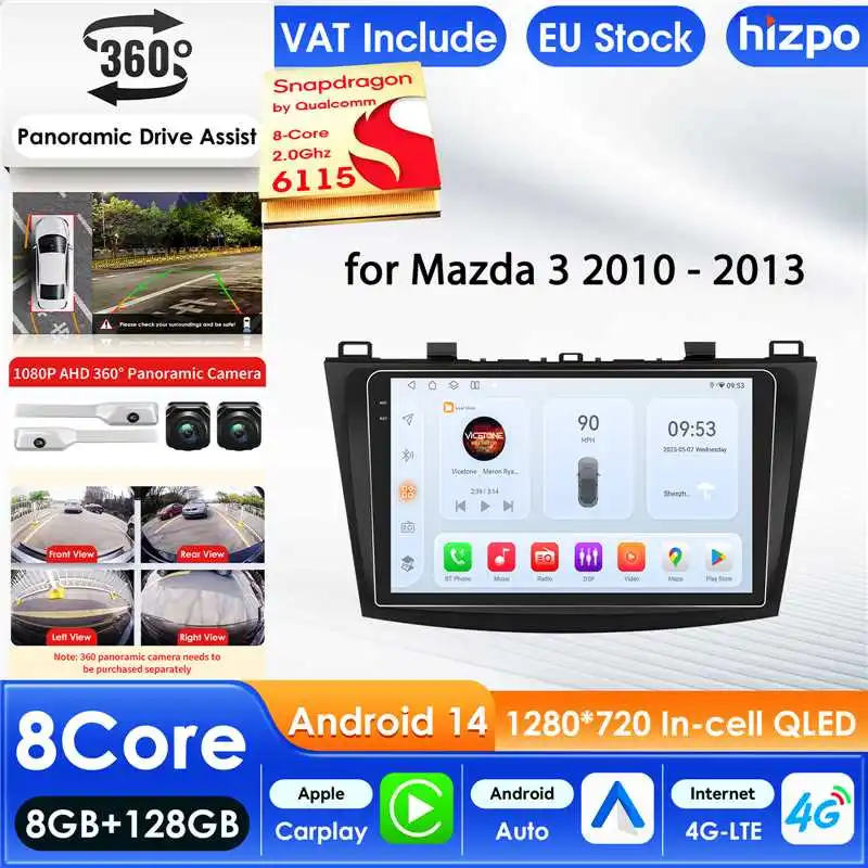 Hizpo 2Din Radio de coche para Mazda 3 2010 -2013 reproductor Multimedia de Audio CarPlay Android Auto GPS Bluetooth WIFI FM RDS Autoradio AI