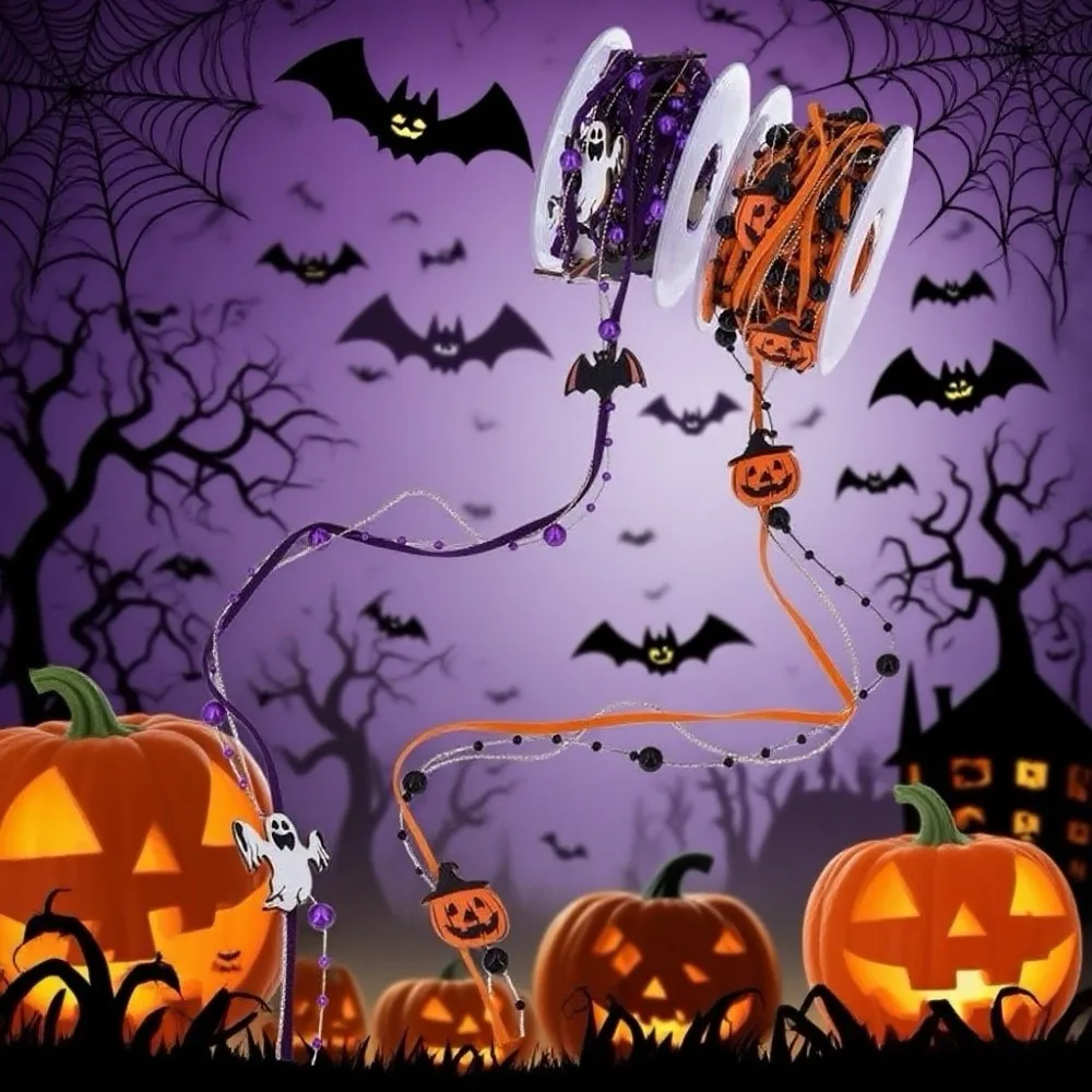 Pumpkin Halloween Decorative Ribbon Ghost Beads Halloween Packaging Gift Box Ribbon Wooden Handmade DIY Ribbon Strips