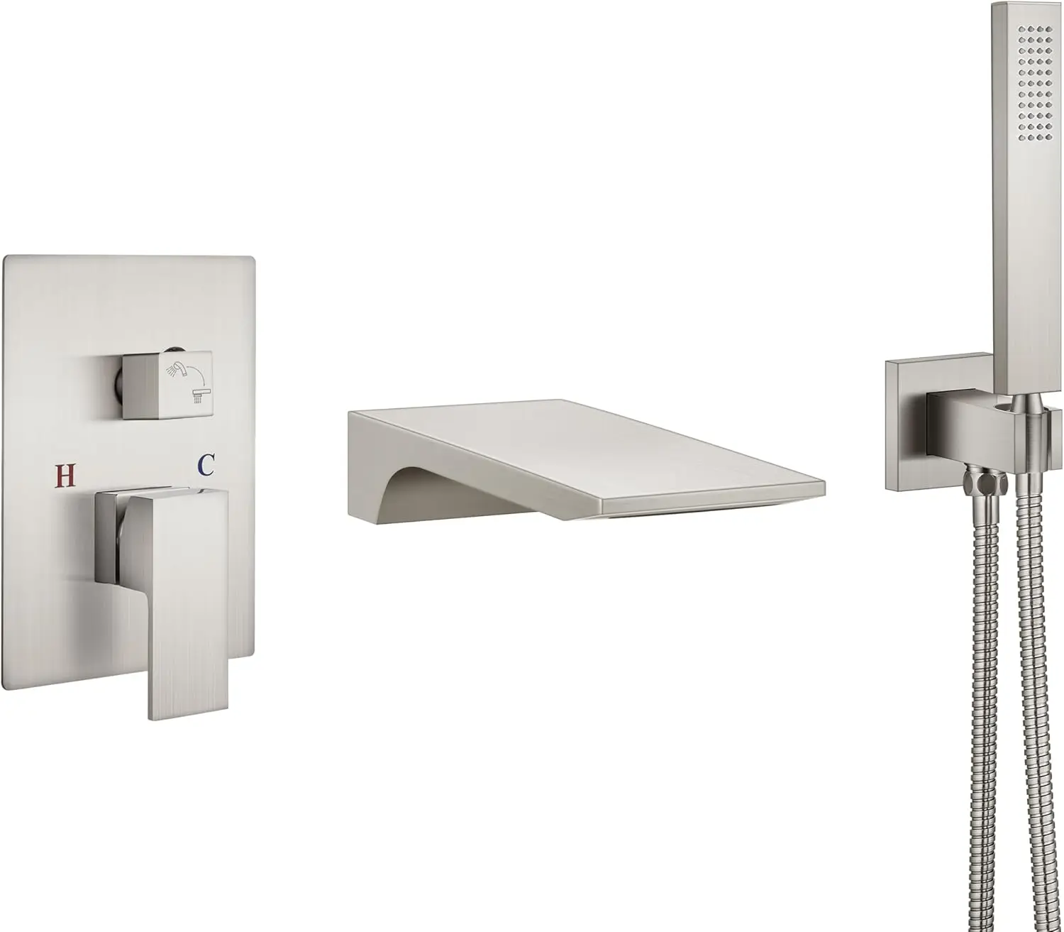 

Wall Mount Bathtub Faucet, Waterfall Single Handle with Handheld Sprayer, Brushed Nickel