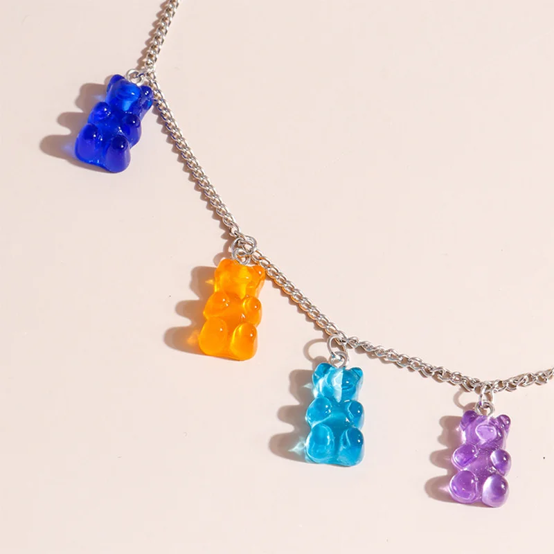 Cartoon Jelly Three-Dimensional Bear Necklace Candy Color Resin Pendant Fashion Creative Sweater Chain Jewelry Birthday Gift