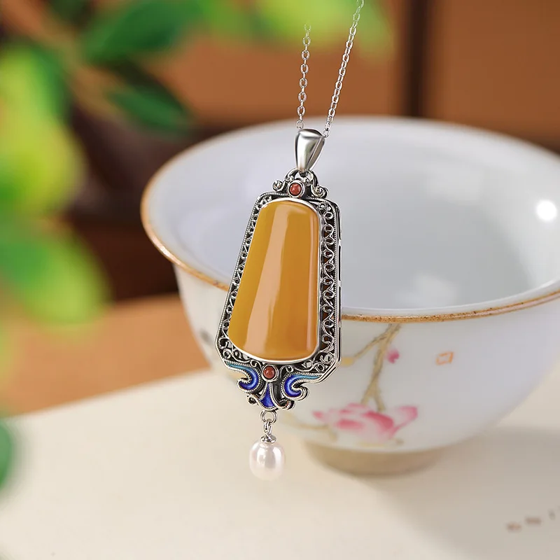 S925 Sterling Silver Red Agate Amber Pearl Cloisonné No Matter Pendant Style Landscape Painting Hanging Ornamen