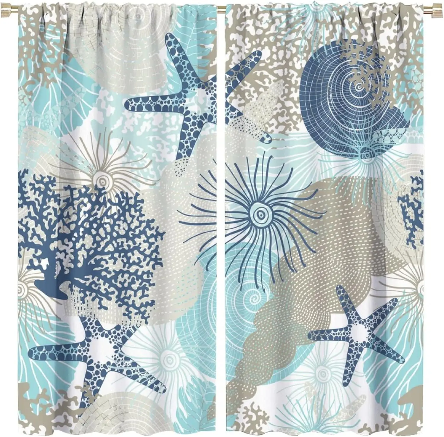 Coastal Blackout Curtains Ocean Starfish Coral Blue Green Bedroom Bathroom Living Room Kitchen Decor Rod Pocket 2 Panels 42x45in