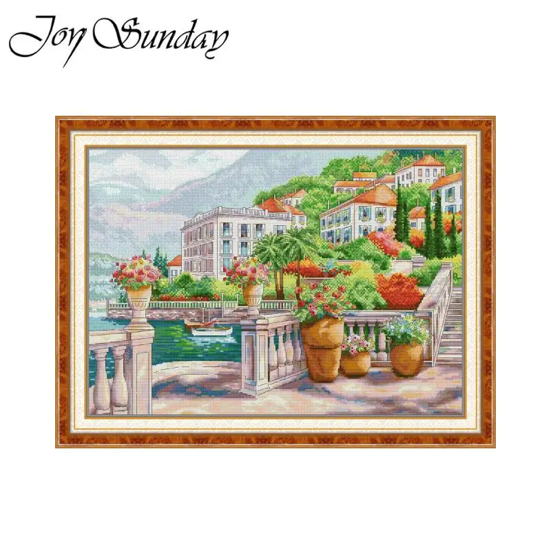 Joy Sunday Cross Stitch Kit Resort Town HD Pattern Printed Counted Fabric Aida 16CT 14CT 11CT DIY Embroidery Set Home Decor New