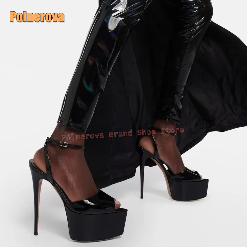

Сексуальные сандалии на платформе с открытым носком, черные лакированные кожаные туфли на тонком высоком каблуке с пряжкой и ремешком, вечерние туфли с открытой пяткой, лето 2021, новейшее платье