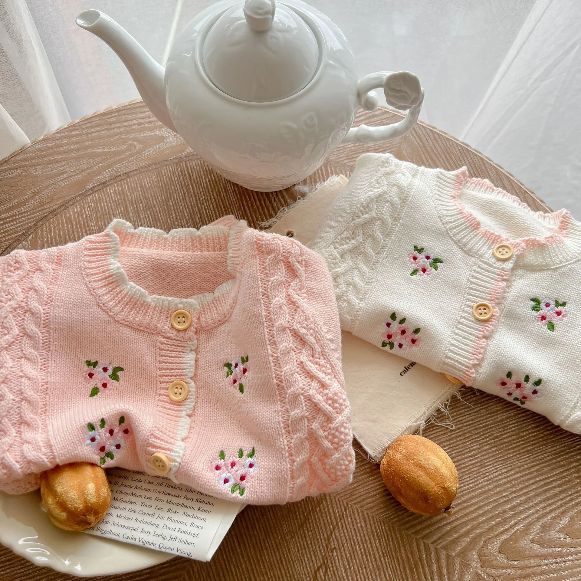 

Single-Breasted Baby Girls Hand Warmth Embroidered Floral Sweater Coat Toddler Outfit Tops 100% Organic Cotton 0-36 Months