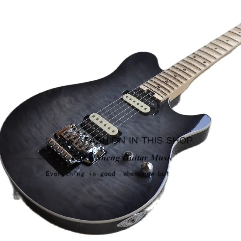 Transparent black electric guitar ERN guitar basswood body squilted maple top groove fingerboard tremolo bridge HH pickup