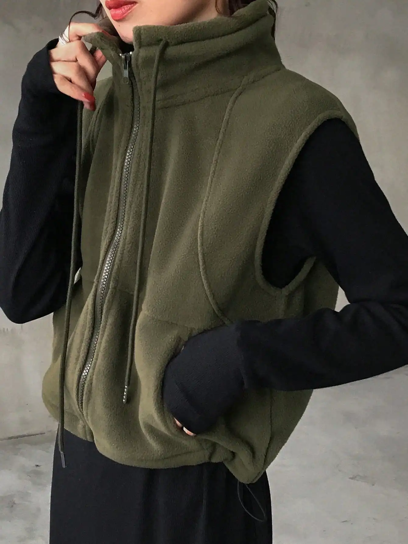 

Women's Olive Green Fleece Vest with High Neck & Front Zipper, Casual Autumn Winter Sleeveless Jacket