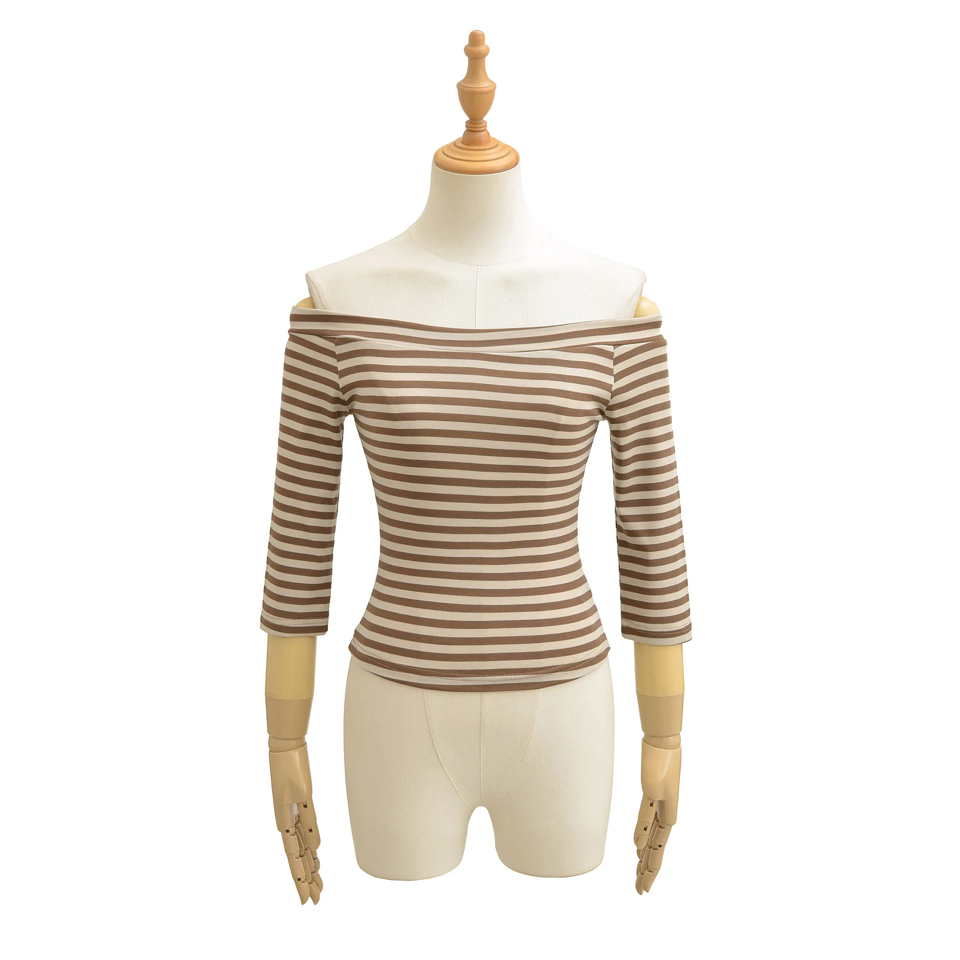 Sexy hot girl color-block striped off-shoulder mid-sleeve T-shirt for women new autumn low-waist hip-hugging shorts skirt N44C