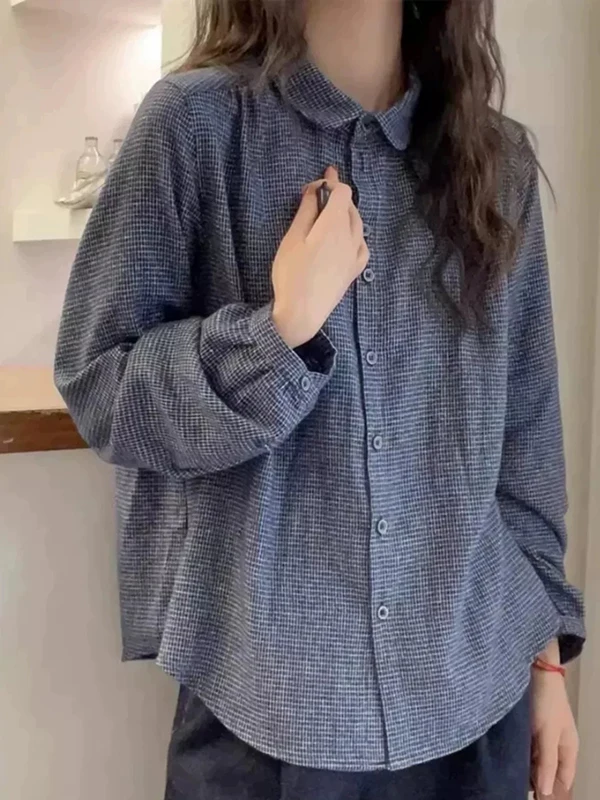 

Women's Plaid Long Sleeve Fleece Shirt Vintage Turn-down Collar Spring Autumn New Style Casual Loose Cotton Linen Blend Top