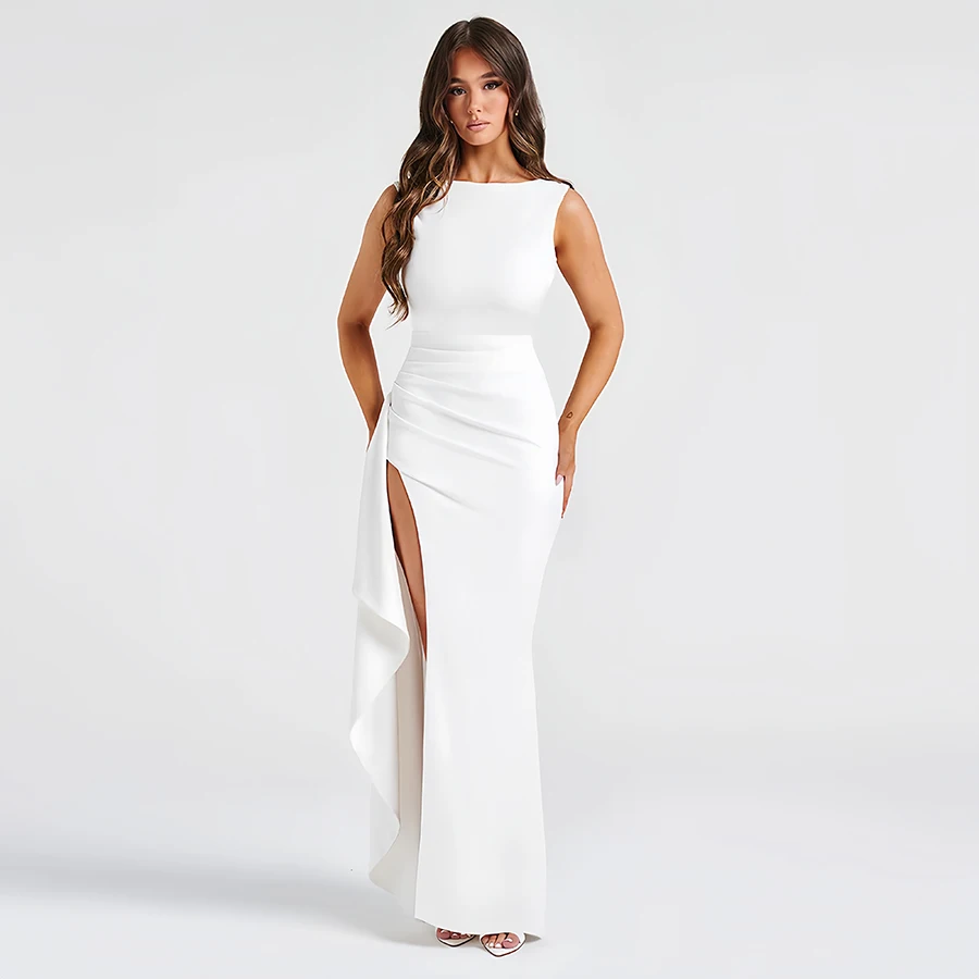 New Backless Sexy Elegant Evening Dress with Round Neck and High Slit for Parties and Clubs, Solid Color Long Dress with a Casual and Elegant Vibe