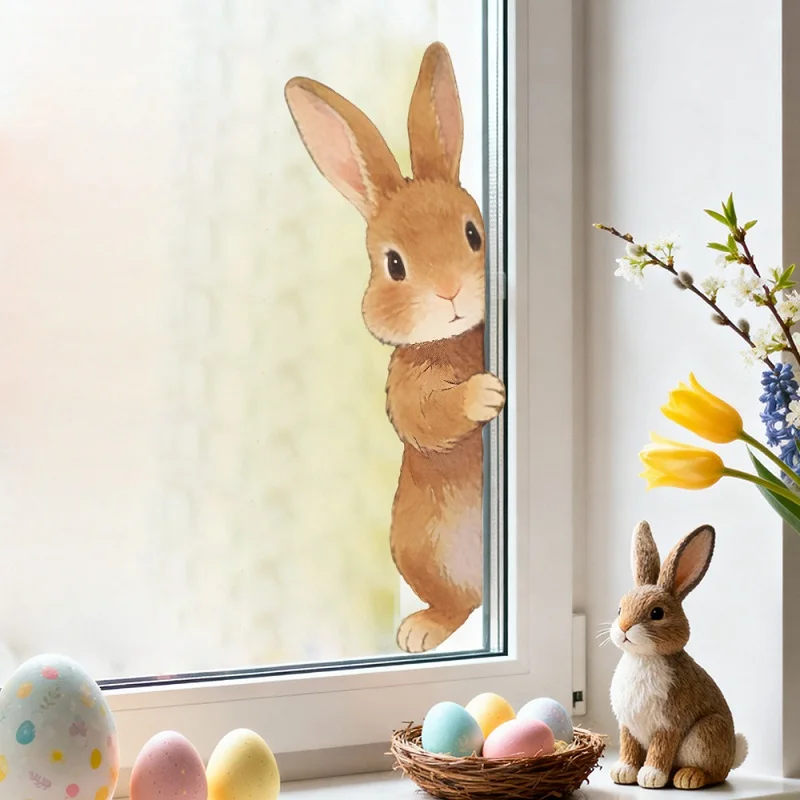Happy Easter Peeking Bunny Window Decals for Bedroom, Living Room, Kitchen Glass Doors and Rabbit Wall Sticker Self-adhesive PVC