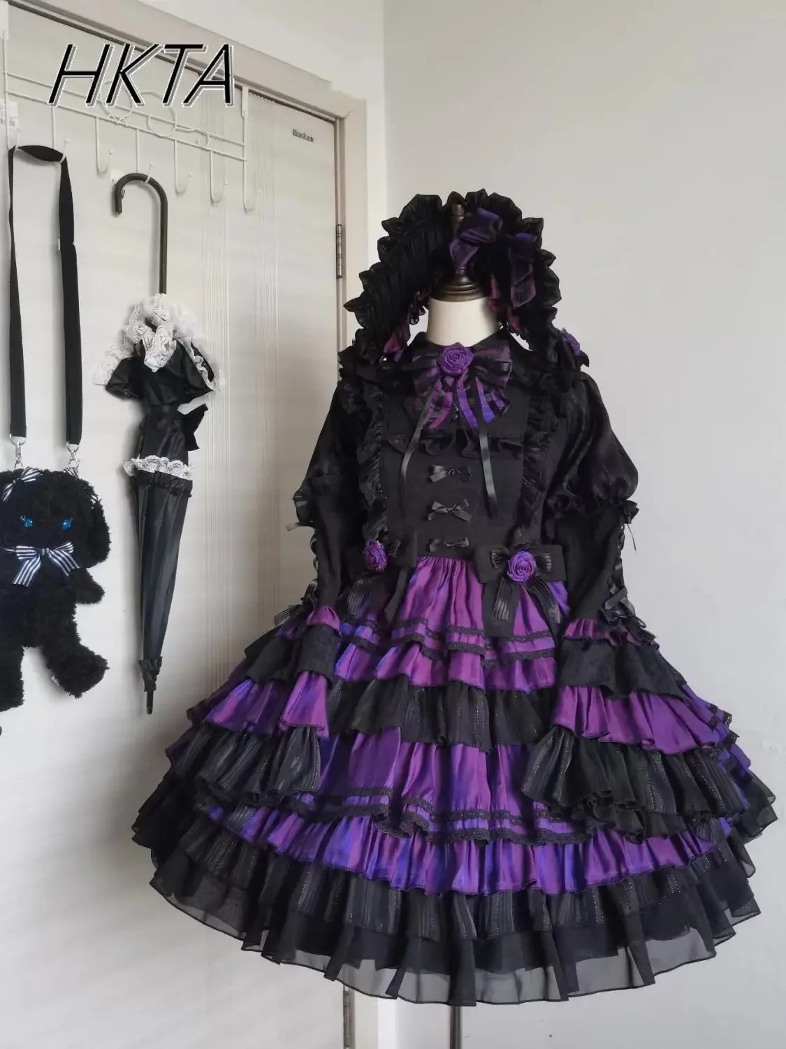 

Women Elegant Long Trumpet Sleeve Polo Collar Cake Dresses Girls Print Princess Dress Lolita Halloween Gothic Purple maxi Dress